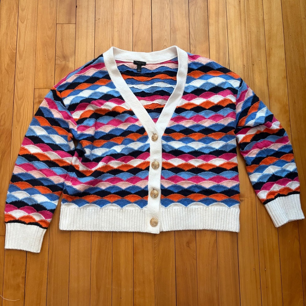 Talbots Petite Multi Color Scalloped Wave Knit Cardigan Gold Button Sweater LP